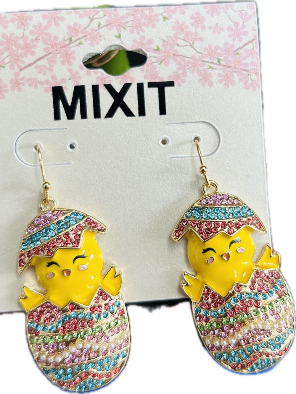 Cute Colorful Egg & Yellow Chick Enamel Earrings with Multicolor Rhinestones 2"